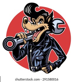 wolf wearing leather jacket and holding a giant wrench