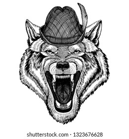 Wolf wearing traditional bavarian tirol hat. Oktoberfest.