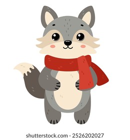 Wolf wearing warm scarf. Сute winter forest animal, isolated on white background. Flat vector illustration. Winter and autumn design, cold weather emoticon sticker.