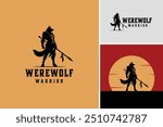 A Wolf wears war armor standing with Spear on his arm. Werewolf warrior knight silhouette illustration logo design