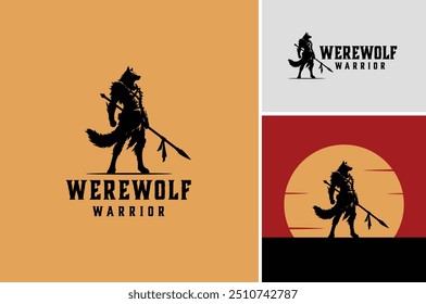 Um lobo usa uma armadura de guerra de pé com Lança em seu braço. Werewolf guerreiro cavaleiro silhueta ilustração logotipo design