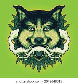 Wolf Weed Smoking Cannabis Clouds Vector illustrations for your work Logo, mascot merchandise t-shirt, stickers and Label designs, poster, greeting cards advertising business company or brands.