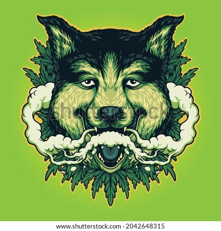 Wolf Weed Smoking Cannabis Clouds Vector illustrations for your work Logo, mascot merchandise t-shirt, stickers and Label designs, poster, greeting cards advertising business company or brands.