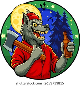Wolf - a werewolf with an axe on his shoulder and a bottle in his hand against the background of the forest and the full moon on Halloween night
