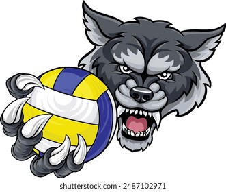 A wolf or werewolf dog volleyball animal sports mascot holding a volley ball in his claw