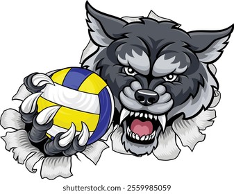 A wolf or werewolf dog volleyball animal sports mascot holding a volley ball in his claw