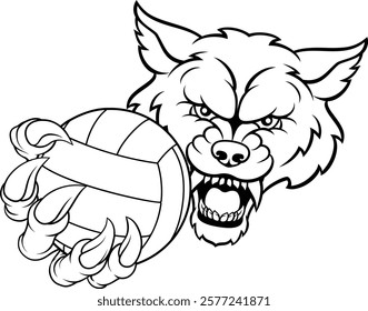 A wolf or werewolf dog volleyball animal sports mascot holding a volley ball in his claw