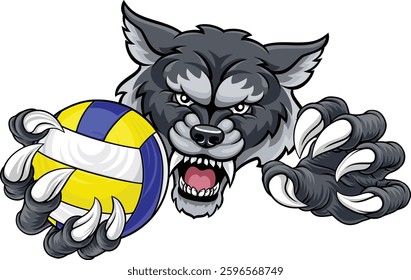 A wolf or werewolf dog volleyball animal sports mascot holding a volley ball in his claw