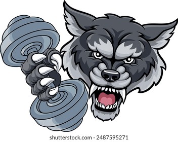 A wolf or werewolf dog weight lifting gym animal sports mascot holding a dumbbell weight in his claw