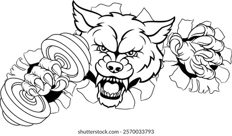 A wolf or werewolf dog weight lifting gym animal sports mascot holding a dumbbell weight in his claw