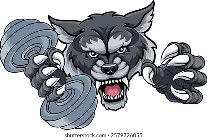 A wolf or werewolf dog weight lifting gym animal sports mascot holding a dumbbell weight in his claw