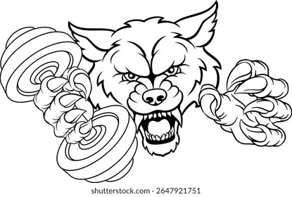 A wolf or werewolf dog weight lifting gym animal sports mascot holding a dumbbell weight in his claw