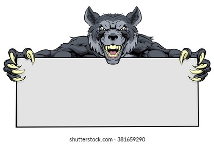 Wolf werewolf mascot holding a sign