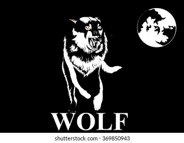 Wolf in white black colors on black background. Logo and symbol design. Vector illustration