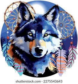 Wolf Wild Animal with Native Dreamcatchers on Wild Blue Mountains Landscape Round Vector Logo Illustration isolated on white.