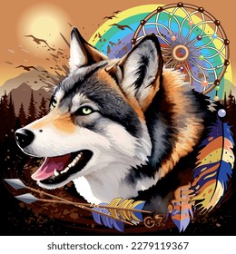 Wolf Wild Animal with Native Dreamcatchers on Wild Blue Mountains Landscape Round Vector Logo Illustration isolated on white.