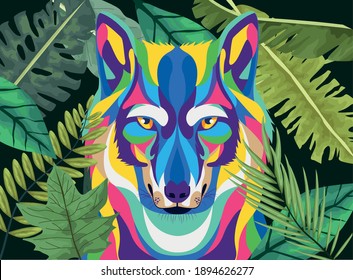 wolf wild life technicolor with leafs plant icon vector illustration design