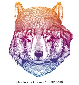 Wolf. Wild pirate or biker. Vector animal portrait. Sailor, motorcyclist. Print for children clothing, tee. Kids fashion.