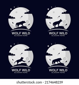 Wolf wild silhouette logo on the moon