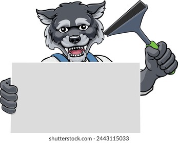 A wolf window cleaner or car wash cleaning cartoon mascot man holding a squeegee washing tool