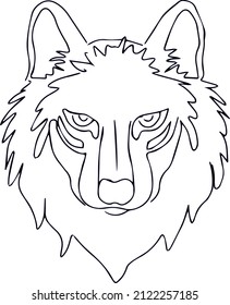 Wolf. The wolf's head is circled by a line. The black outline line. The outline of the wolf's dog's head. A shaggy muzzle in a vector on a white background.