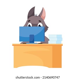 Wolf Working On Computer Cartoon Vector Illustration. Adorable Focused Mammal Sitting At Table, Looking At Computer Screen. Wildlife Animal, Predator, Job Concept