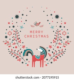 Wolf and wreath of evergreen foliage and branches. Isolated botany and fauna, bird flying in air. Xmas postcard, card with greetings for winter noel holidays. Vector in flat style illustration