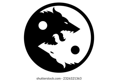 Wolf Yin-Yang heult auf dem Mond, dunkel und weiß. Autoaufkleber, Decal, Vinyl, Label, Windschutzscheibe JDM Japanischer Briefaufkleber. Vektorgrafik eines Symbols von Yin und Yang.