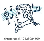 Wolfgang Amadeus Mozart was an Austrian composer and virtuoso musician. Symbol of classical music. Hand drawing sketch vector illustration