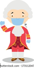 Wolfgang Amadeus Mozart cartoon character with surgical mask and latex gloves as protection against a health emergency