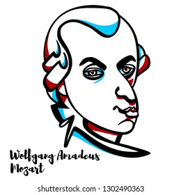 Wolfgang Amadeus Mozart engraved vector portrait with ink contours. Prolific and influential composer of the classical era.