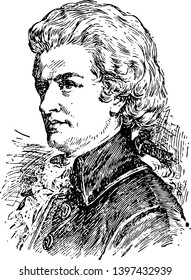 Wolfgang Amadeus Mozart is German composer of the Classical era vintage line drawing or engraving illustration.