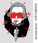 Wolfgang Amadeus Mozart with glasses and show tongue. Vector illustration hand drawn. Crazy red style.