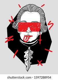 Wolfgang Amadeus Mozart with glasses and show tongue. Vector illustration hand drawn. Crazy red style.