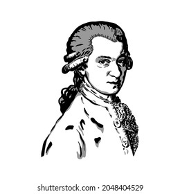 Wolfgang Amadeus Mozart is a great Austrian composer and musician. Vector portrait in the style of engraving on a white background. Classical music. Celebrity anniversary.