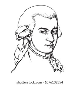 Wolfgang Amadeus Mozart. Great composer and musician. Hand drawn vector portrait isolated on white background. 