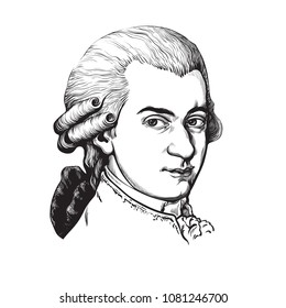 Wolfgang Amadeus Mozart. Great composer and musician. Hand drawn vector portrait in the style of engraving  isolated on white background. 