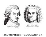 Wolfgang Amadeus Mozart and Johann Sebastian Bach. Great composers and musicians set.  Hand drawn vector portraits in the style of engraving  isolated on white background. 