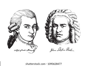 Wolfgang Amadeus Mozart and Johann Sebastian Bach. Great composers and musicians set.  Hand drawn vector portraits in the style of engraving  isolated on white background. 