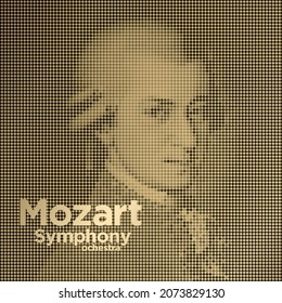 Wolfgang Amadeus Mozart Pixelated Portrait. Modern symphony orchestra posters, web banner, concert template. Vector Illustration.