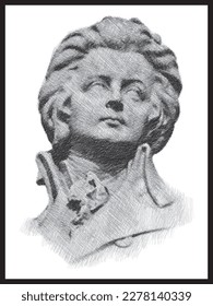 Wolfgang Amadeus Mozart portrait bust pen sketch illustration. Austrian composer composer. Poster, Wall Decoration, Postcard, Social Media Banner, Brochure Cover Design Background. Vector Pattern.