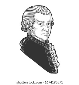 Wolfgang Amadeus Mozart portrait sketch engraving vector illustration. T-shirt apparel print design. Scratch board imitation. Black and white hand drawn image.