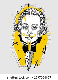 Wolfgang Amadeus Mozart. Vector illustration hand drawn. Creative geometric yellow style.