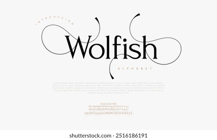 Wolfish tipografia beleza moda elegante minimalista serif italic fontes decorativos casamento vintage retro logos. Logotipo de fonte de luxo mínimo alfabeto. Ilustração vetorial