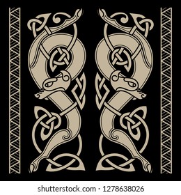 Wolfs in Celtic style and Celtic pattern, isolated on black, vector illustration