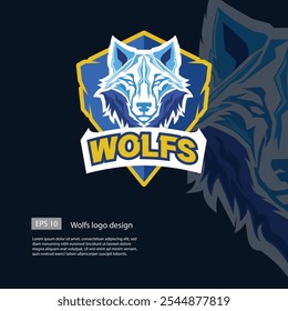 Wolfs Esport modelo de logotipo com uma cor azul dominante e um rosto de lobo bordado com uma forma de escudo.