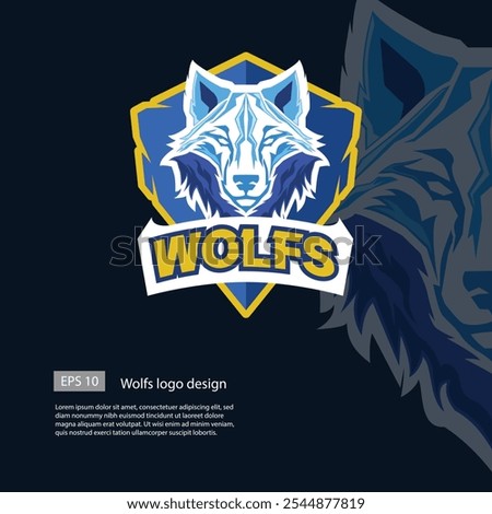 Wolfs Esport logo template with a blue dominant color and a wolf face bordered with a shield shape.