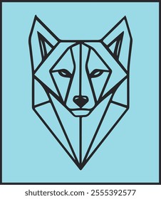 A wolf's head, black line, geometric design on a light blue background.