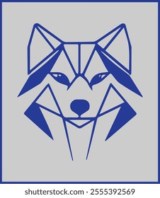 A wolf's head, blue line, geometric design on a light grey background.