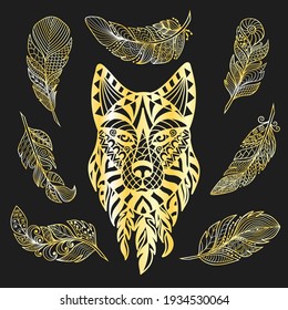 A wolf's head in an ethnic style with abstract feathers. Gold on black, vector illustration. For jewelry design